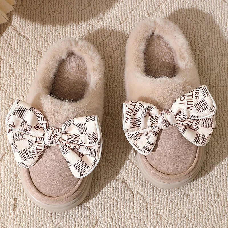 Women's Cute Bow Plush Home Slippers for Autumn and Winter