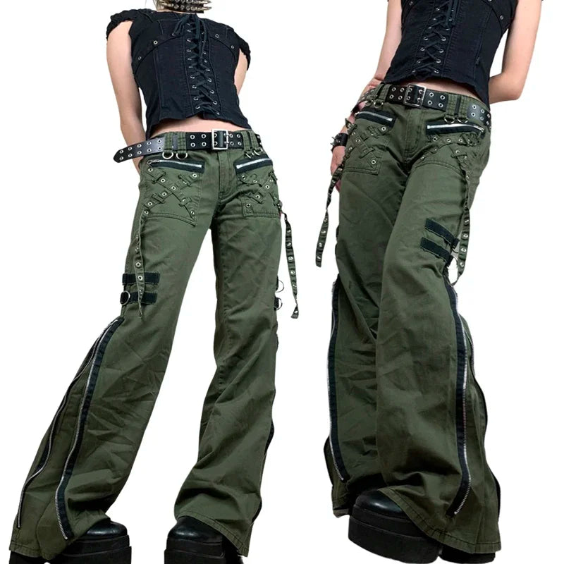 Women's Green Cargo Wide Leg Baggy Pants with Pockets and Zipper