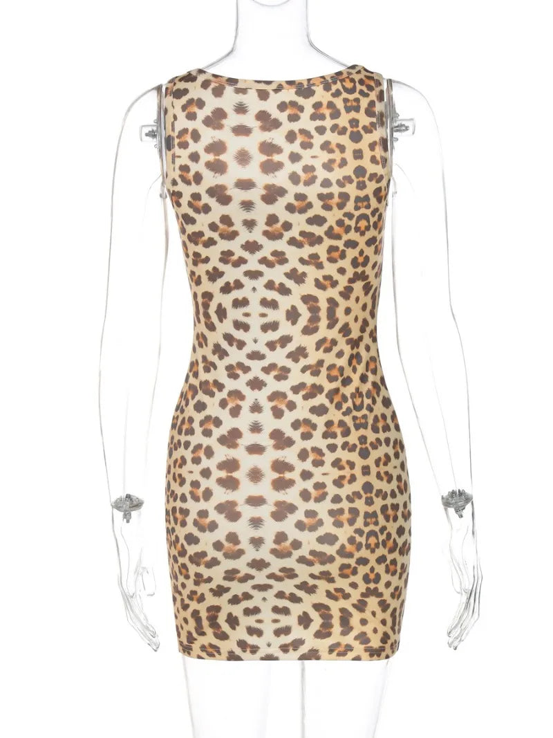 Leopard Print Bodycon Vest Dress with Square Collar and Sleeves
