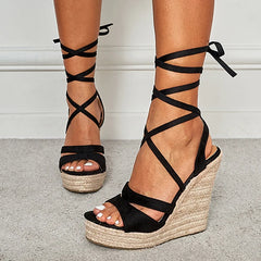 Women's Lace-Up Summer Wedge Sandals Peep Toe Straw High Heels