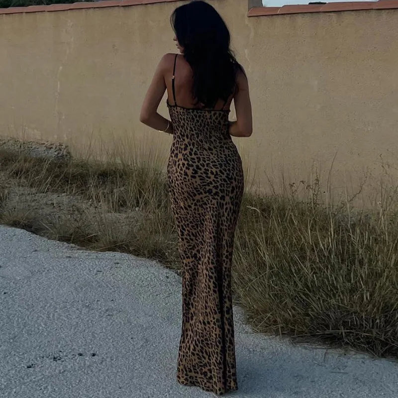 Leopard Print Slip Tie Front Maxi Dress