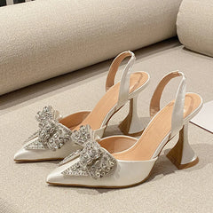 Red Sequined Crystal Bowknot Pointed Toe High Heels Slingback Pumps