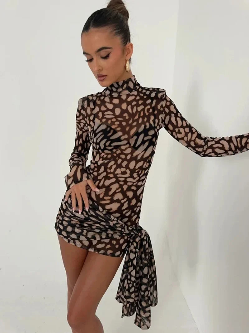 Women's Leopard Print See-Through Mesh Turtleneck Dress