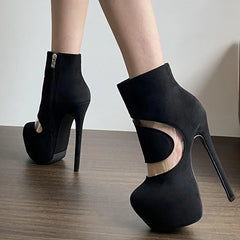 Women's Black High Heels Ankle Boots with Round Toe and Zip Closure