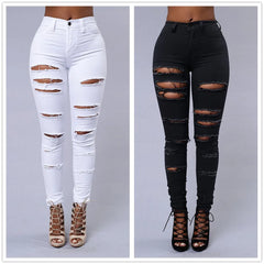 New Spring Summer Black and White Ripped Skinny Denim Pants