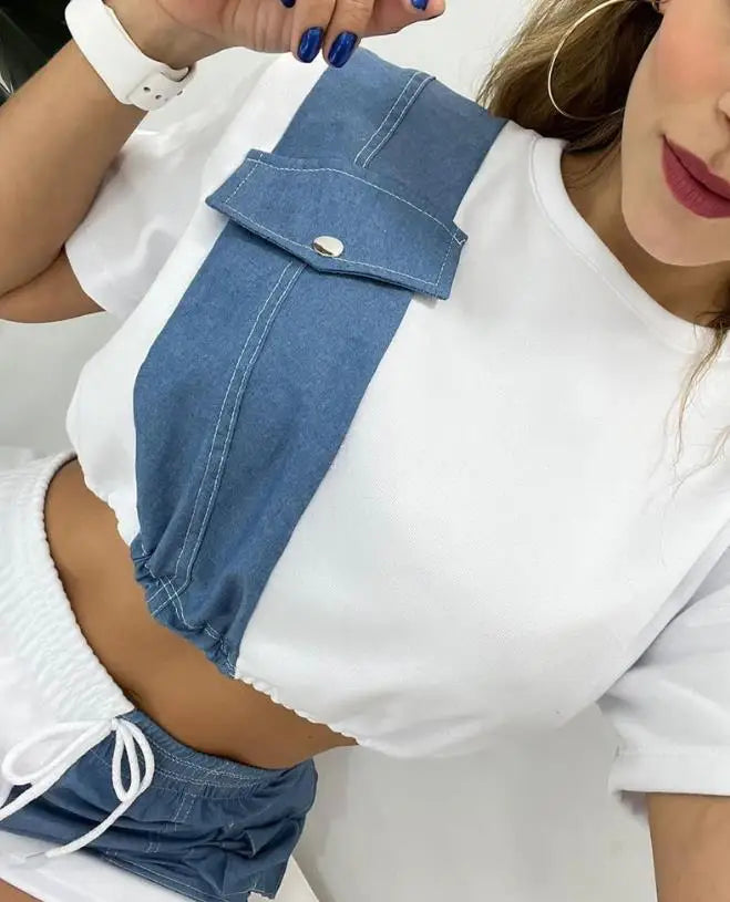 Women's Casual Denim Patch Short Sleeve Top and Drawstring Shorts Set