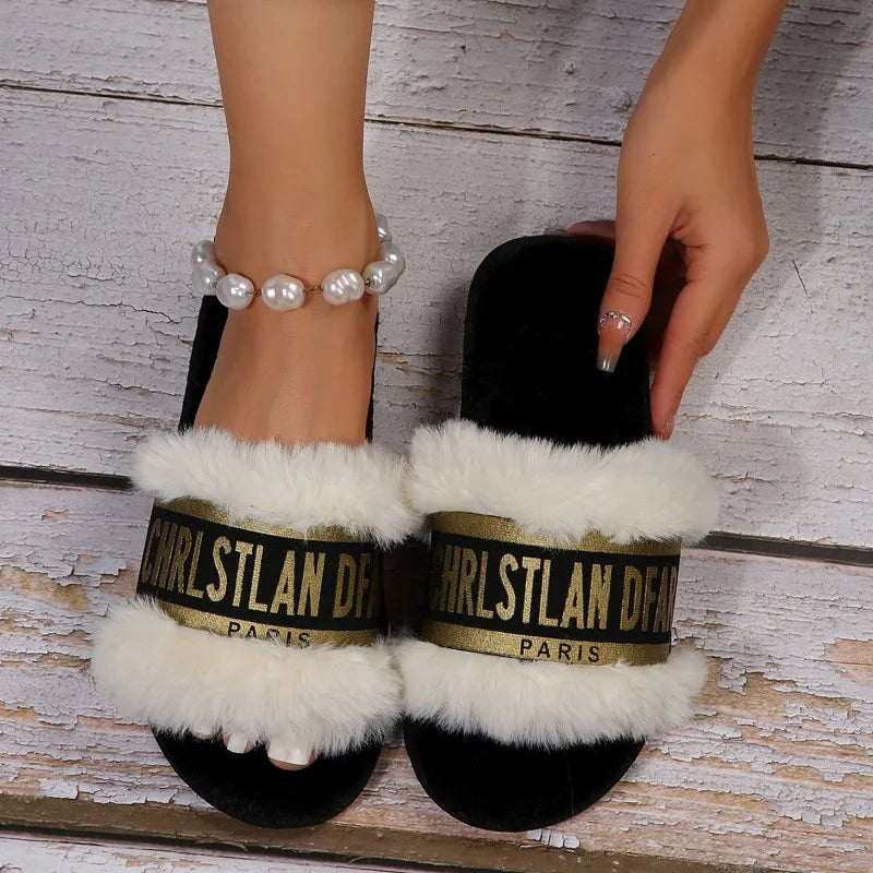 Women's Plush Metal Flat Cotton Slippers for Comfortable Home Use