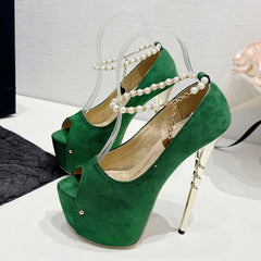 Green Peep Toe Ankle Strap High Heels for Women