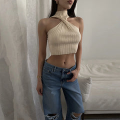 Knitted Sleeveless Halter Crop Top