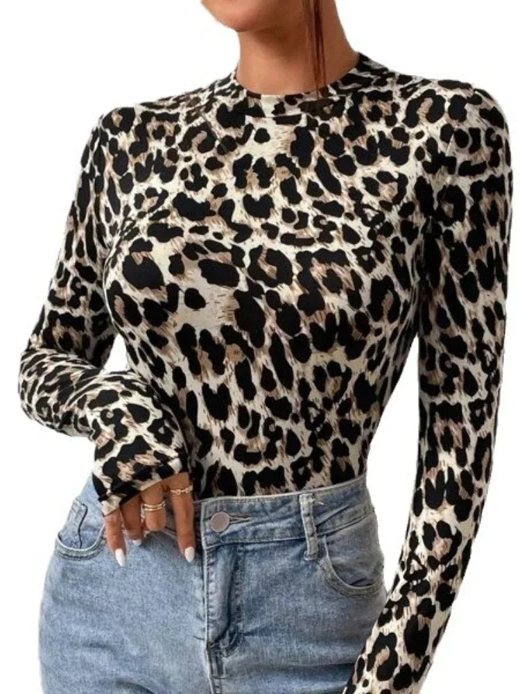 Women's Leopard Print Long Sleeve Bodysuit with Stand Collar