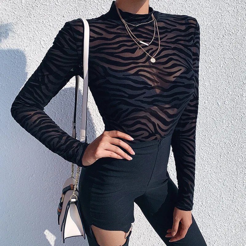 Women's Zebra Print Mesh Bodysuit – Long-Sleeve Sheer Chic Top