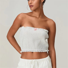 Women's Grunge Smocked Tube Top with Bow Lace Trim and Backless Design