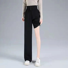 Office Lady Solid Color Loose High Waist Wide Leg Trousers