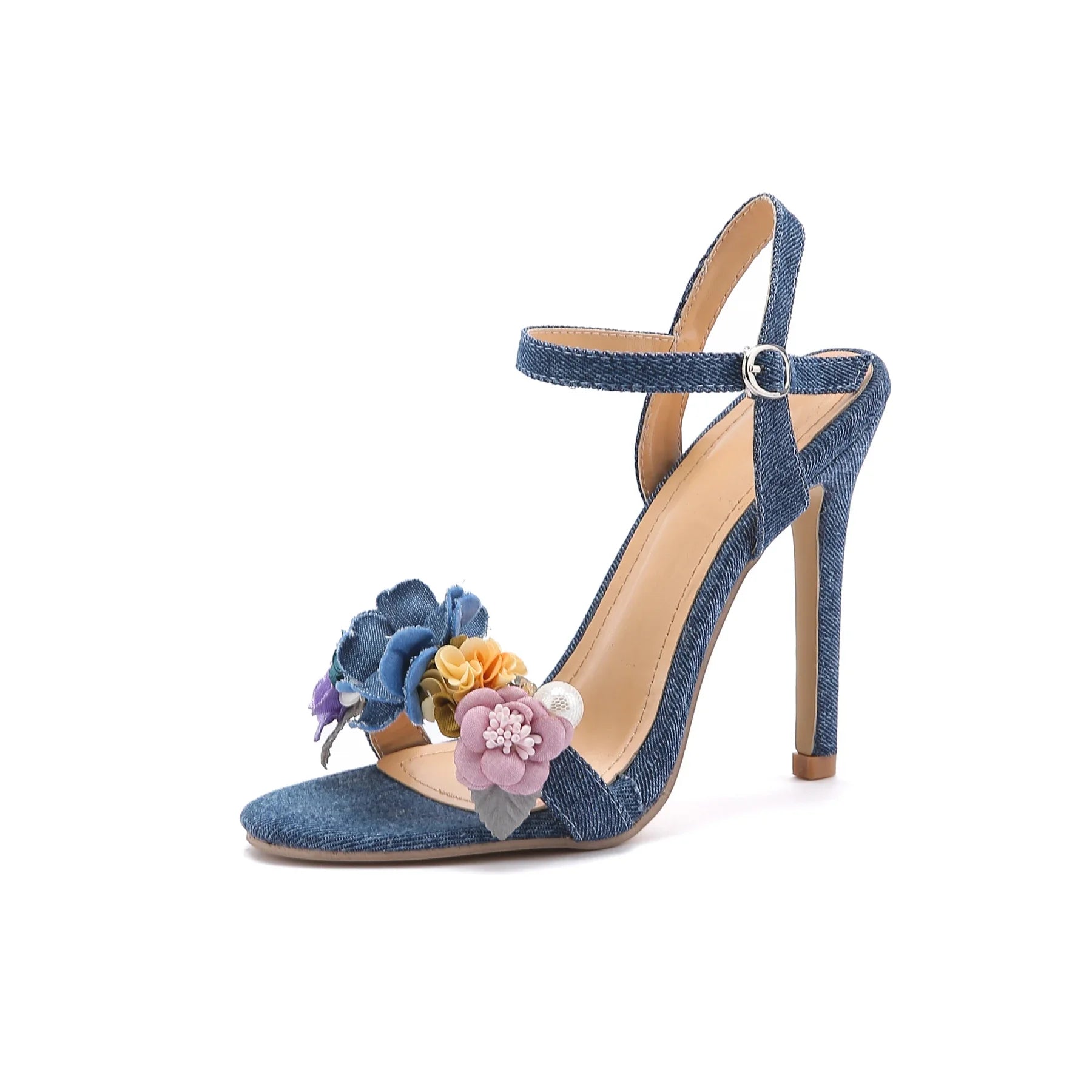 Women's Blue Pearl Flower Denim High Heel Sandals for Parties