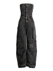 Solid Patchwork Pocket Casual Denim Jumpsuit for Women Strapless