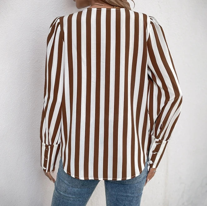 Elegant V-Neck Striped Long Sleeve Cardigan Women's Blouse