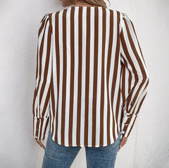 Elegant V-Neck Striped Long Sleeve Cardigan Women's Blouse