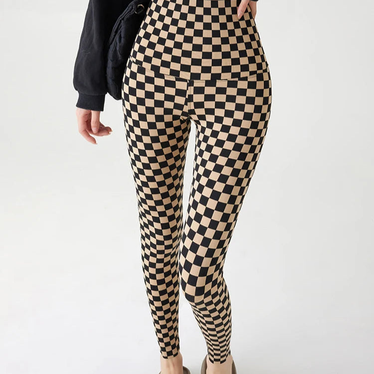 Women's Khaki Checkerboard Plaid Shark Leggings High Waist Seamless