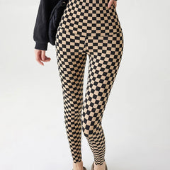 Women's Khaki Checkerboard Plaid Shark Leggings High Waist Seamless