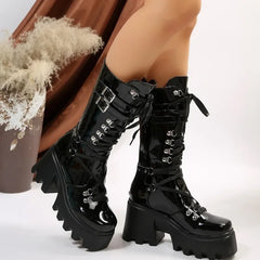 Women's Fashion Solid Color Mid Tube Lace Up Platform Wedge Boots