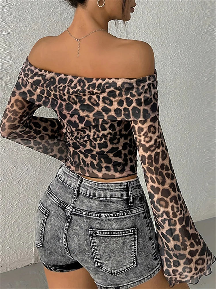 Off-Shoulder Leopard Mesh T-Shirt for Women - Long Sleeve Cropped Y2k Style