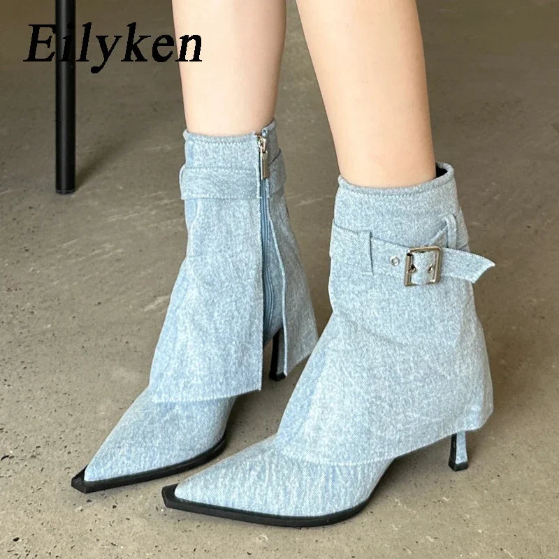 Denim Buckle Thin Heels Ankle Boots with Zipper for Women