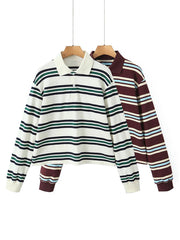 Fashion Stripe Women's Casual Long Sleeve Polo Shirt Loose Top