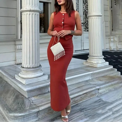 Women's Knitted Long Skirt Suit with Vest Top and Slit High Waist