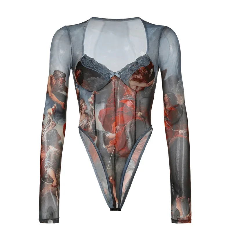 Women's Renaissance Art Print Bodysuit – Vintage-Inspired Sheer Design