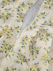 Women's Yellow Floral V-Neck Vacation Dress with Pleated Design