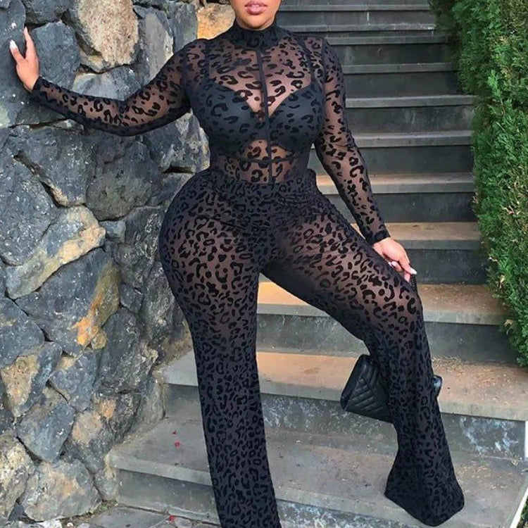 Leopard Print See-Through Gauze Jumpsuit with Wide Leg Pants