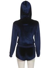 Women's Velvet Patchwork Embroidery Hoodie and Shorts Set