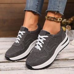 Women's Blue Denim Platform Sneakers with Thick Sole and Lace Up Style