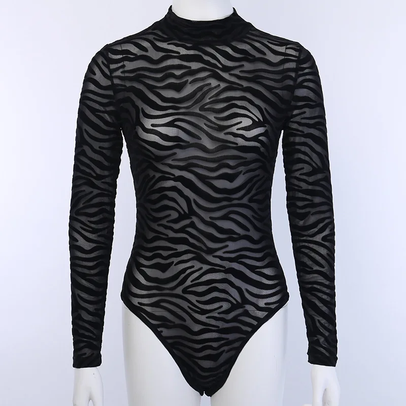 Women's Zebra Print Mesh Bodysuit – Long-Sleeve Sheer Chic Top