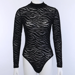 Women's Zebra Print Mesh Bodysuit – Long-Sleeve Sheer Chic Top