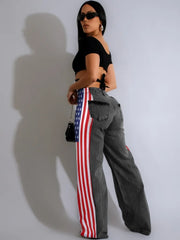 Casual Women’s Long Loose Denim Pants with Pockets and Stripes