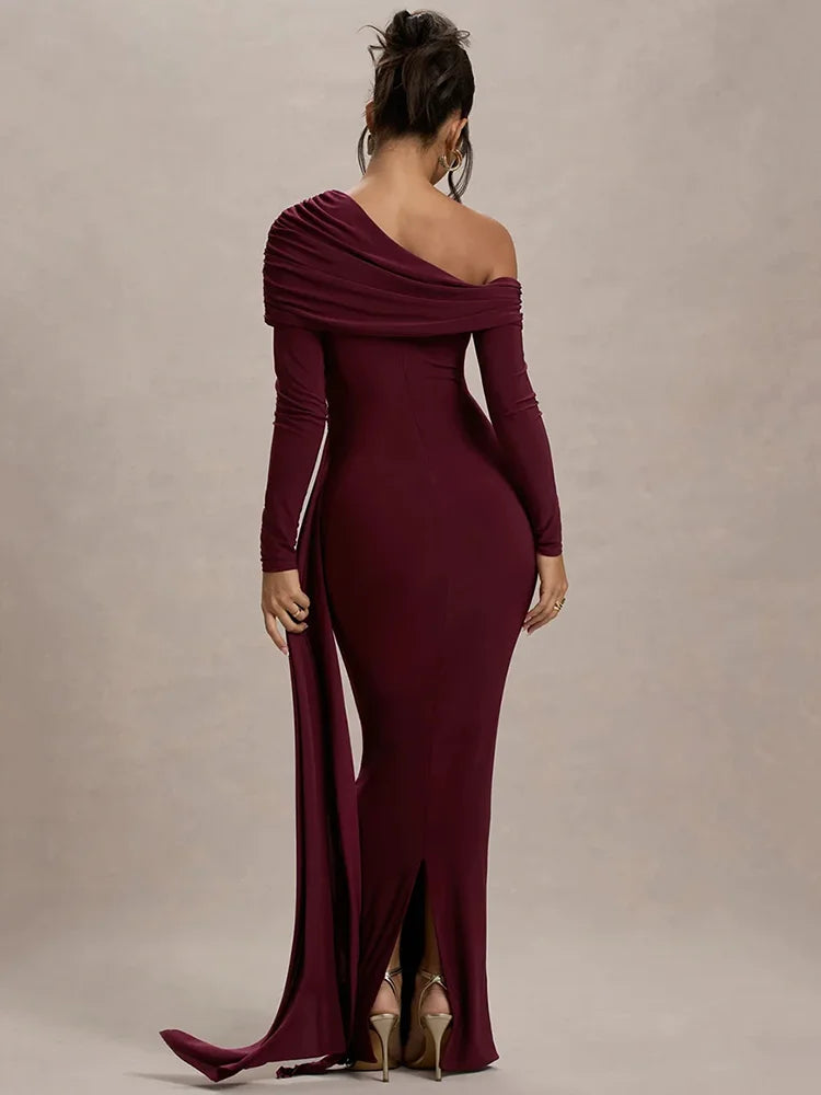 Skew Collar Long Sleeve Backless Draped Ruched Bodycon Maxi Dress