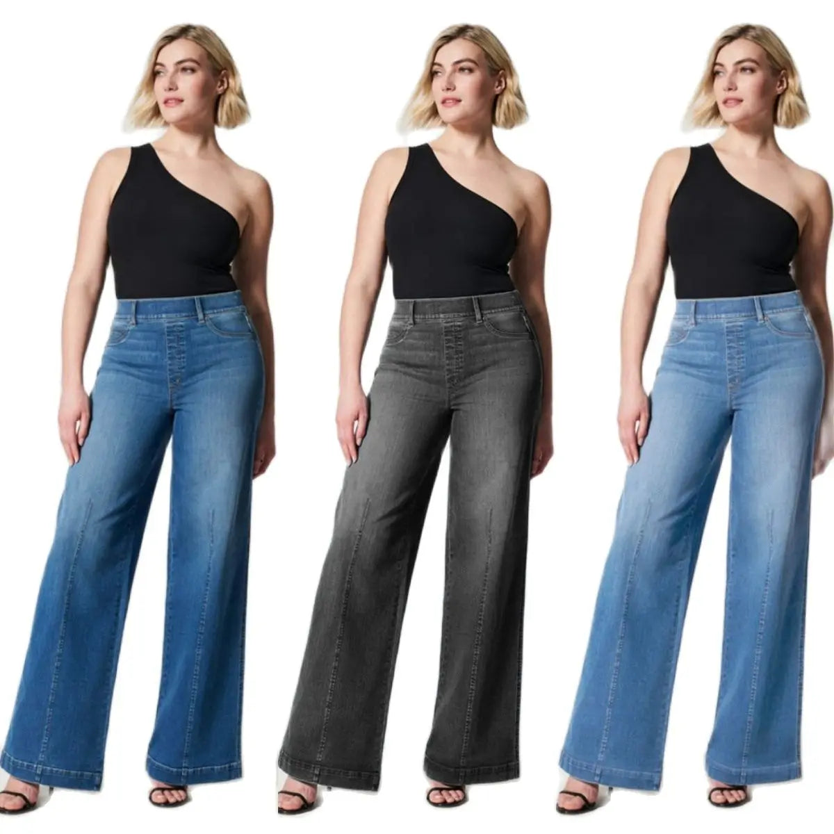 Women's High Stretch Mid Waist Denim Wide Leg Pants Casual Trousers