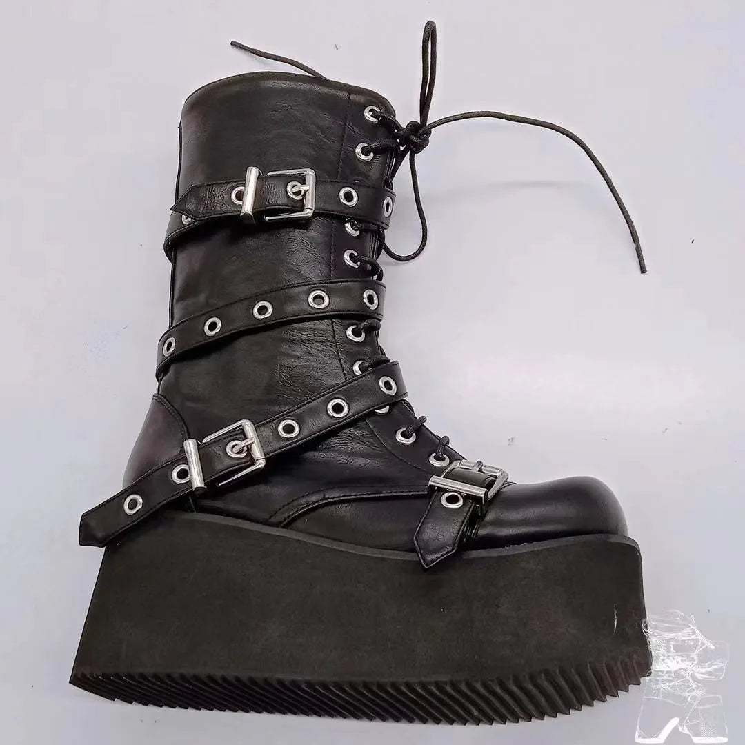 Plus Size Autumn Women’s Buckle Round Toe Wedge Combat Boots