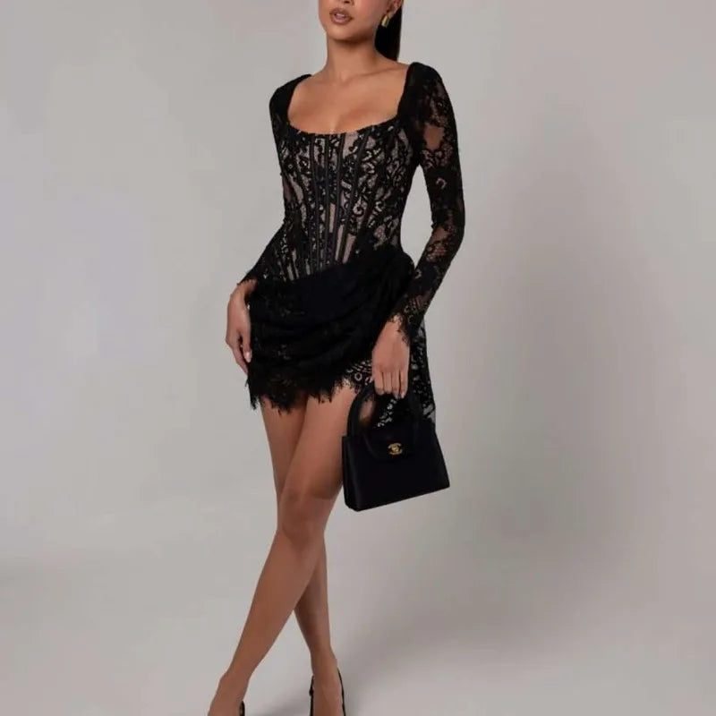 Black Lace Dress with Long Sleeves and Asymmetrical Hemline