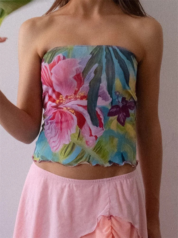 Women's Flower Print Off-Shoulder Crop Tube Top Mini Vest