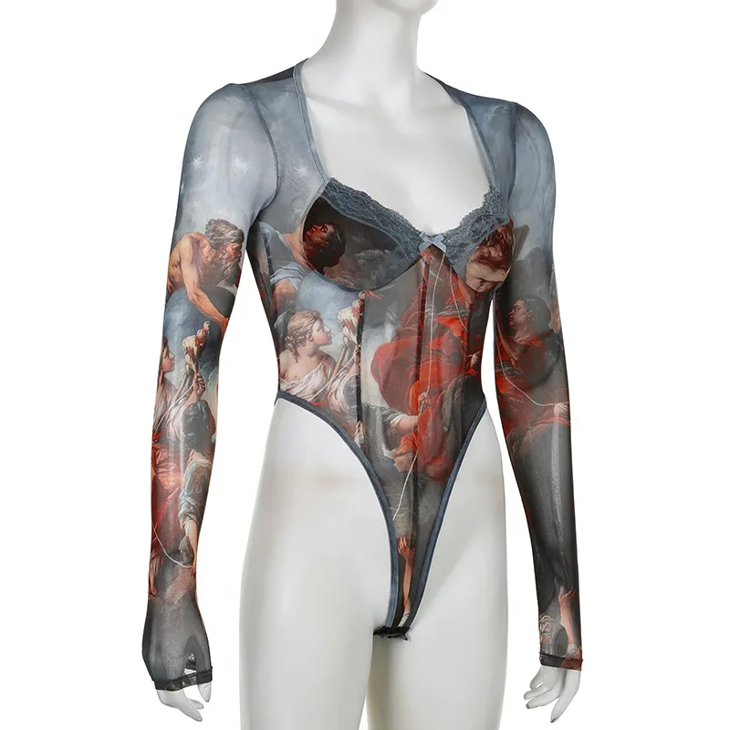 Body imprimé Renaissance Art pour femme – Design transparent d'inspiration vintage