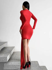 Women's Red O-Neck Long Sleeve Bandage Mini Dress for Parties