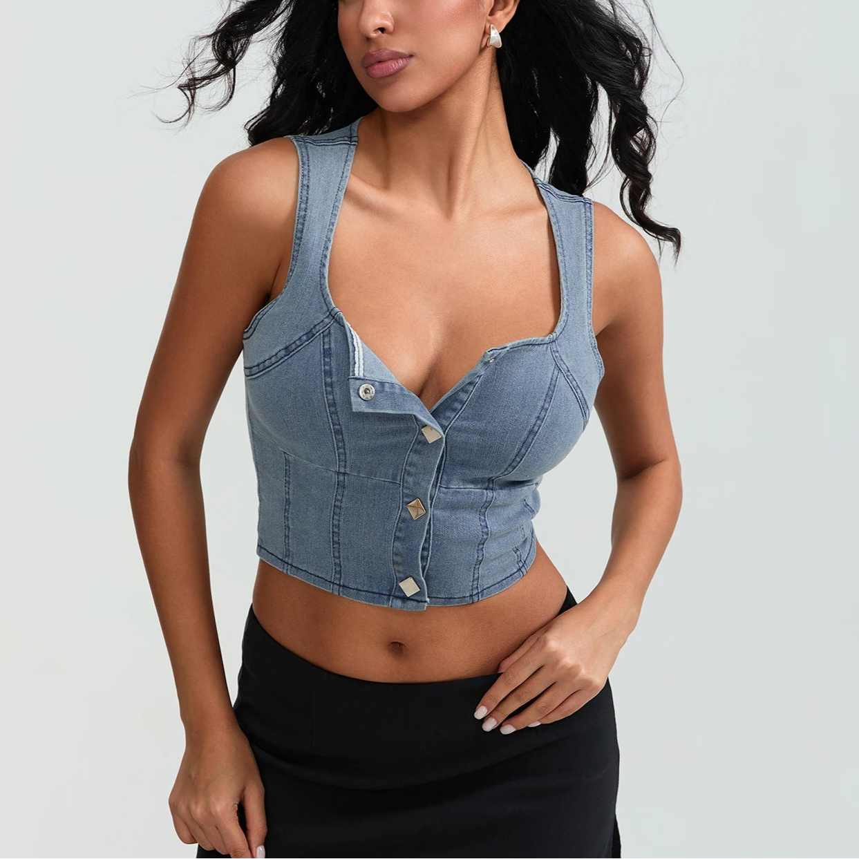 Women's Blue Sleeveless Square Neck Denim Tank Top for Summer Clubwear