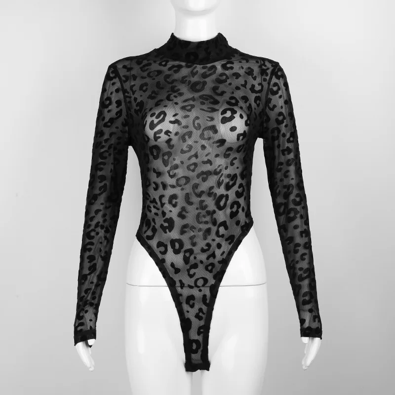 Women's Leopard Print Mesh Bodysuit – Long-Sleeve High-Stretch Top