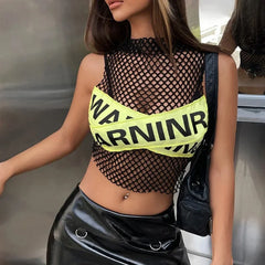 Women's Mesh Hollow Out Warning Letter Patchwork Crop Top Vest