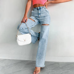 Streetwear Ripped Wide Leg Jeans for Women Casual Summer Fashion