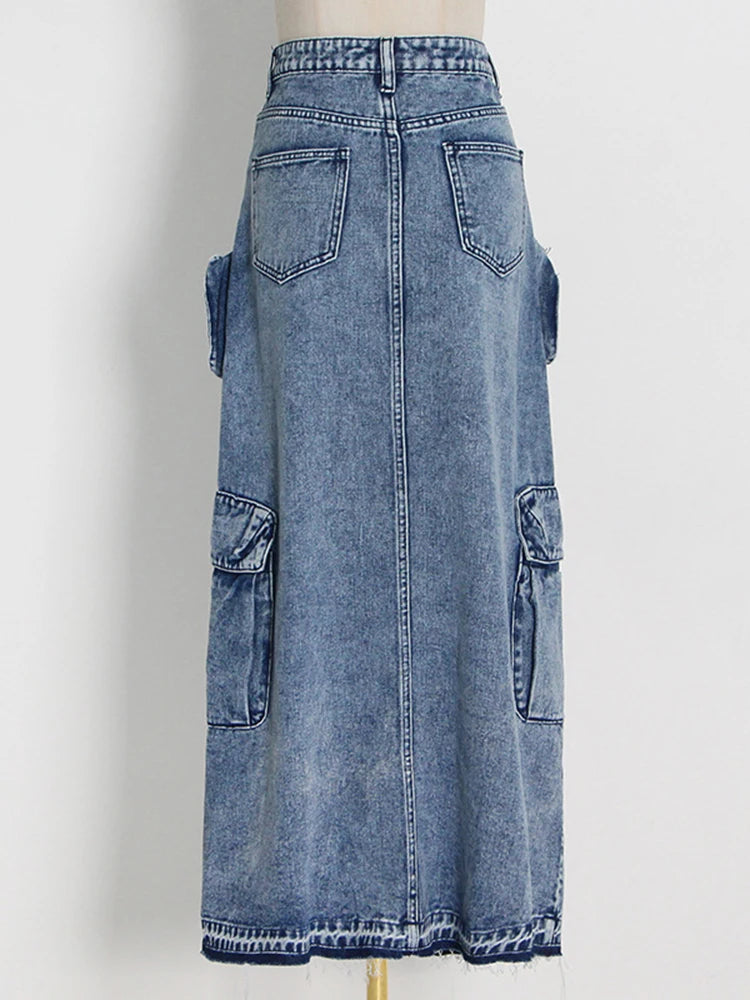 Jupe fendue en patchwork de denim taille haute pour femme avec poches 