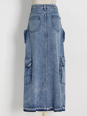 Women's High Waist Denim Patchwork Split Skirt with Pockets