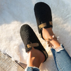 Women's Plush Fur Mules Slides with Buckle for Indoor Comfort